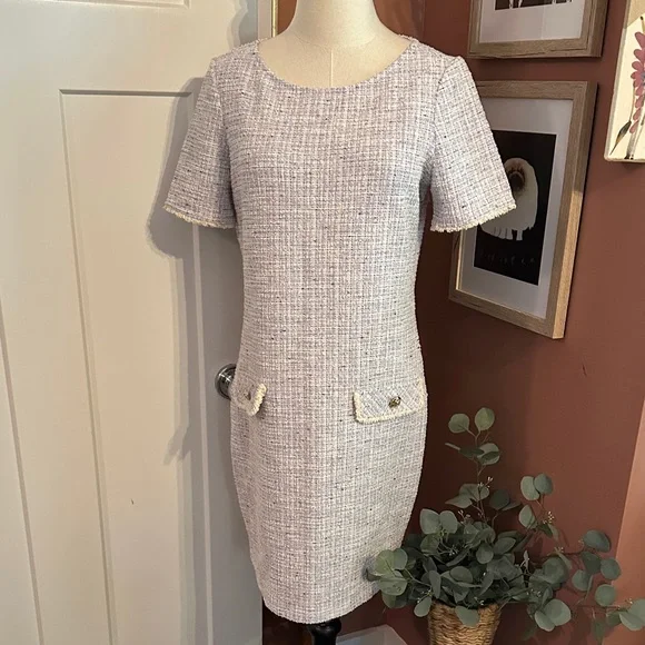 Isaac Mizrahi Boucle Tweed hip pockets lavender Cream short sleeve S Mini Dress - Picture 1 of 14